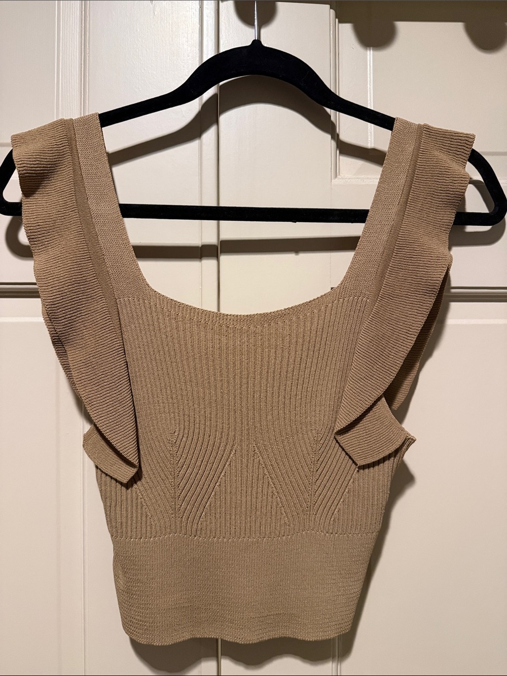 Ribbed Ruffle Strap Tank Top in Tan